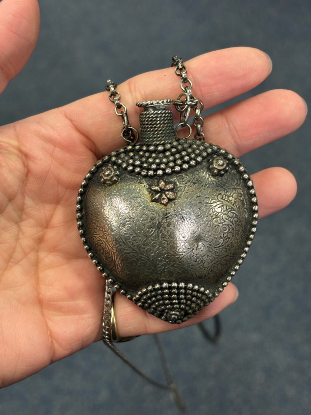 Ornate Heart Pendant Necklace in Antique Silver